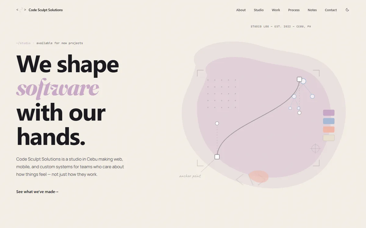 The Code Sculpt Solutions home page: the headline “We shape software with our hands” beside a soft abstract illustration