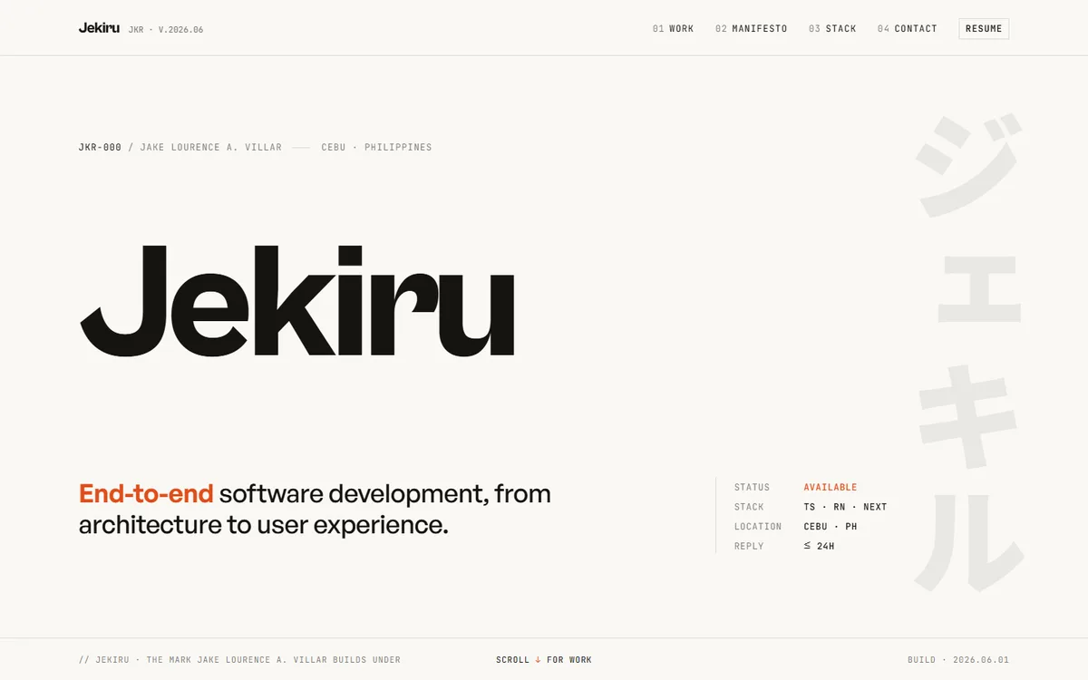 The Jekiru home page: the wordmark set very large, with a panel listing stack, location and reply time